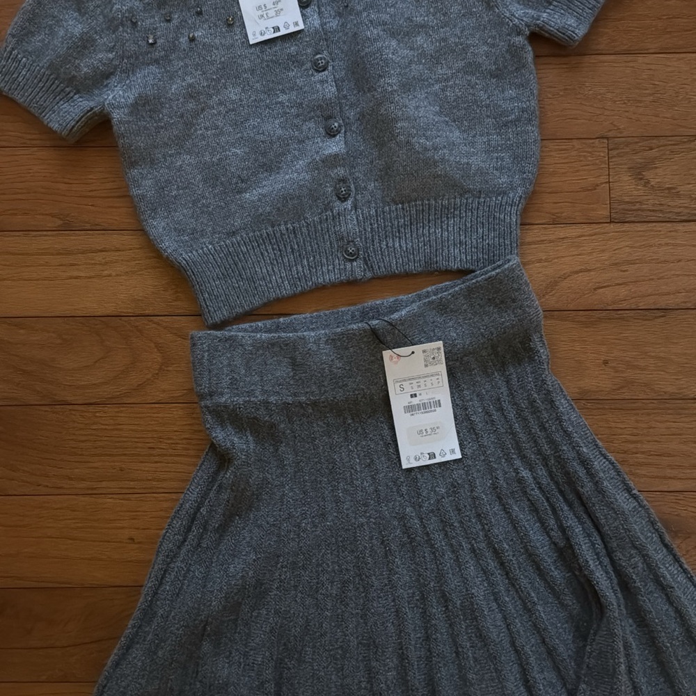 Zara Gray Short Sleeve Cardigan and Skirt Set. BRAND NEW WITH TAGS